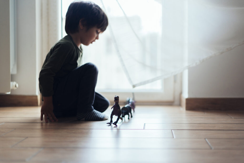 kid playing with toy dinosaurs